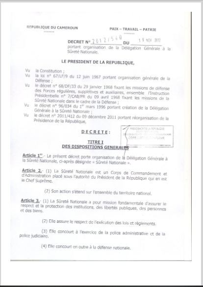 DECRET N° 2012/540 du 1 9 novembre 2012 portant organisation de la Délégation Générale à la Sûreté Nationale.