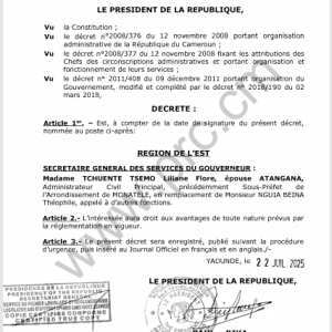 Décret N°2025/356 du 22 juillet 2025 portant nomination d'un Secrétaire général des services de Gouverneurs