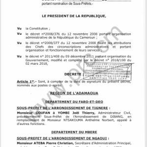 Décret N°2025/357 du 22 juillet 2025 portant nomination des Sous-préfets