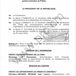 Décret N°2025/355 du 22 juillet 2025 portant nomination des Préfets