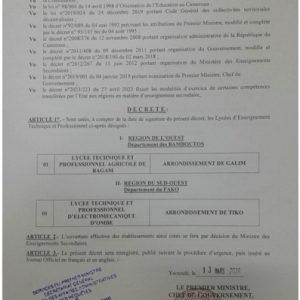 Décret N°2026/00599/PM du 13 mars 2026 portant création de deux établissements techniques et professionnels et Décret N°2026/00600 du 13 mars 2026 portant Transformation de certains établissements publics techniques en établissements Inclusifs Pilotes