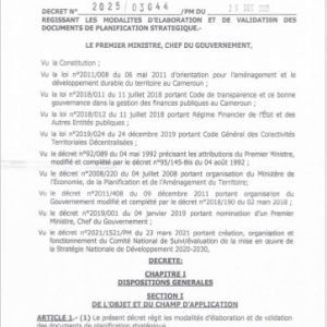 Décret N°2025/03044/PM du 29 décembre 2025 régissant les modalités d'élaboration et de validation des documents de planification stratégique