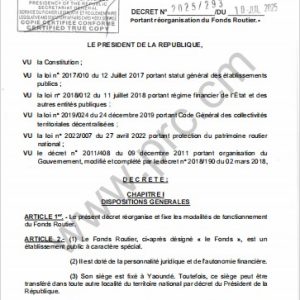 Décret N°2025/293 du 10 juillet 2025 portant Réorganisation du Fonds Routier