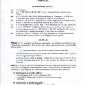 Arrêté N°00000016/MINFI du 13 aout 2026 portant classification par catégories des établissements publics au Cameroun