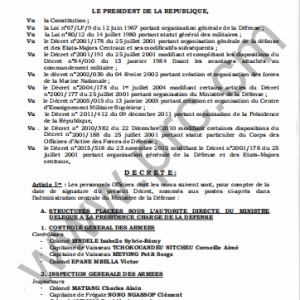 Décret N°2026/281 du 31 août 2026 portant nomination de responsables au Ministère de la Défense