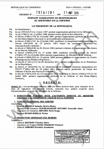 Décret N°2026/281 du 31 août 2026 portant nomination de responsables au Ministère de la Défense