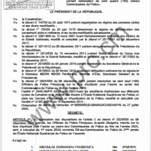 Décret N°2026/280 du 20 août 2026 portant nomination de cent quatre (104) Elèves Commissaires de Police
